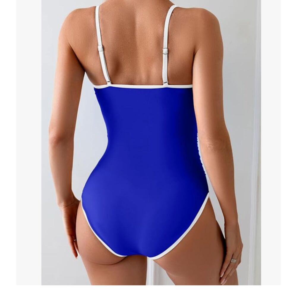 Eomenie Royal Blue One Piece Swimsuit White Trim Adjustable Straps Size Large - Picture 2 of 6